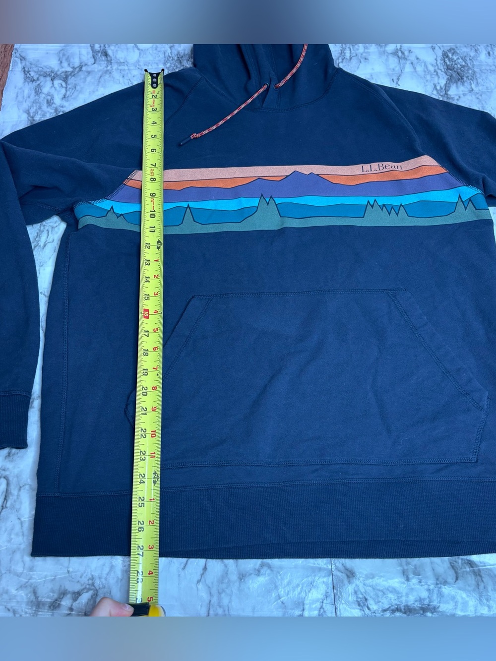 L.L. Bean Navy Hoodie large Orange Blue Green Mountain Stripe logo sweatshirt - Picture 7 of 7